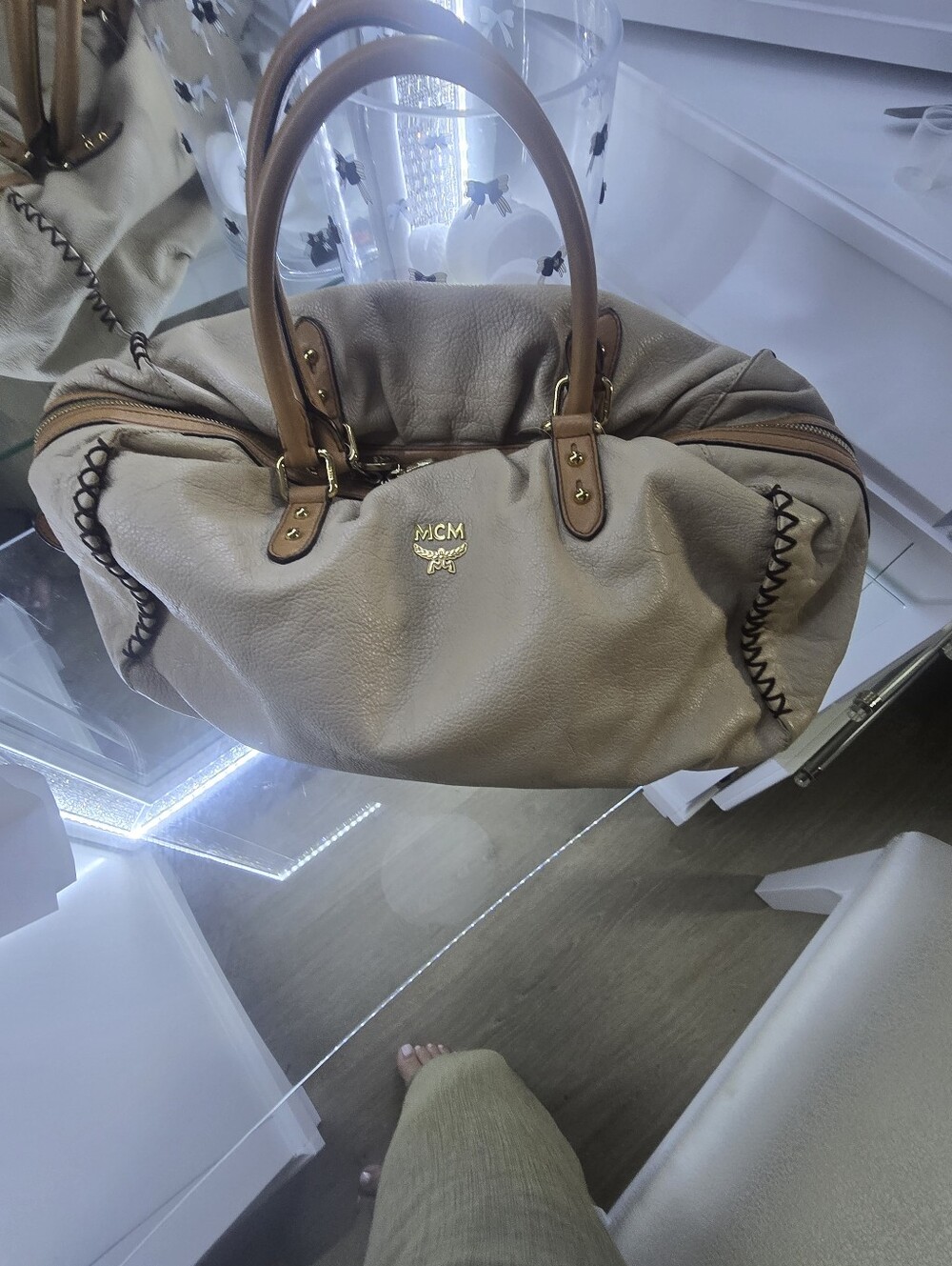 MCM Taupe Leather Dual-Handle Shoulder Bag with Gold Logo